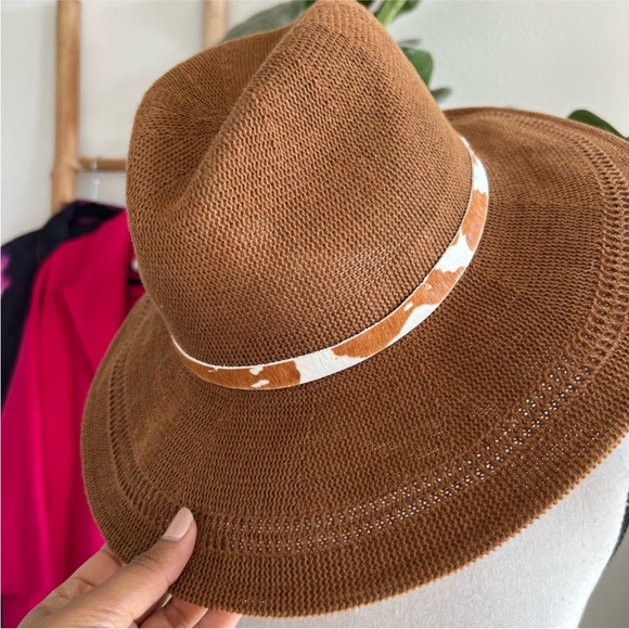 Anthropologie Wyeth Open Weave Brown Wide Brim Hat Textured Cowhide Band - Picture 3 of 11